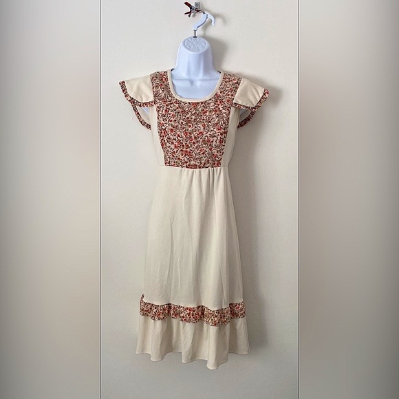 Vintage 70’s Peasant Dress Floral Cream w. Flutter Sleeves Prairie Western M - Picture 2 of 15